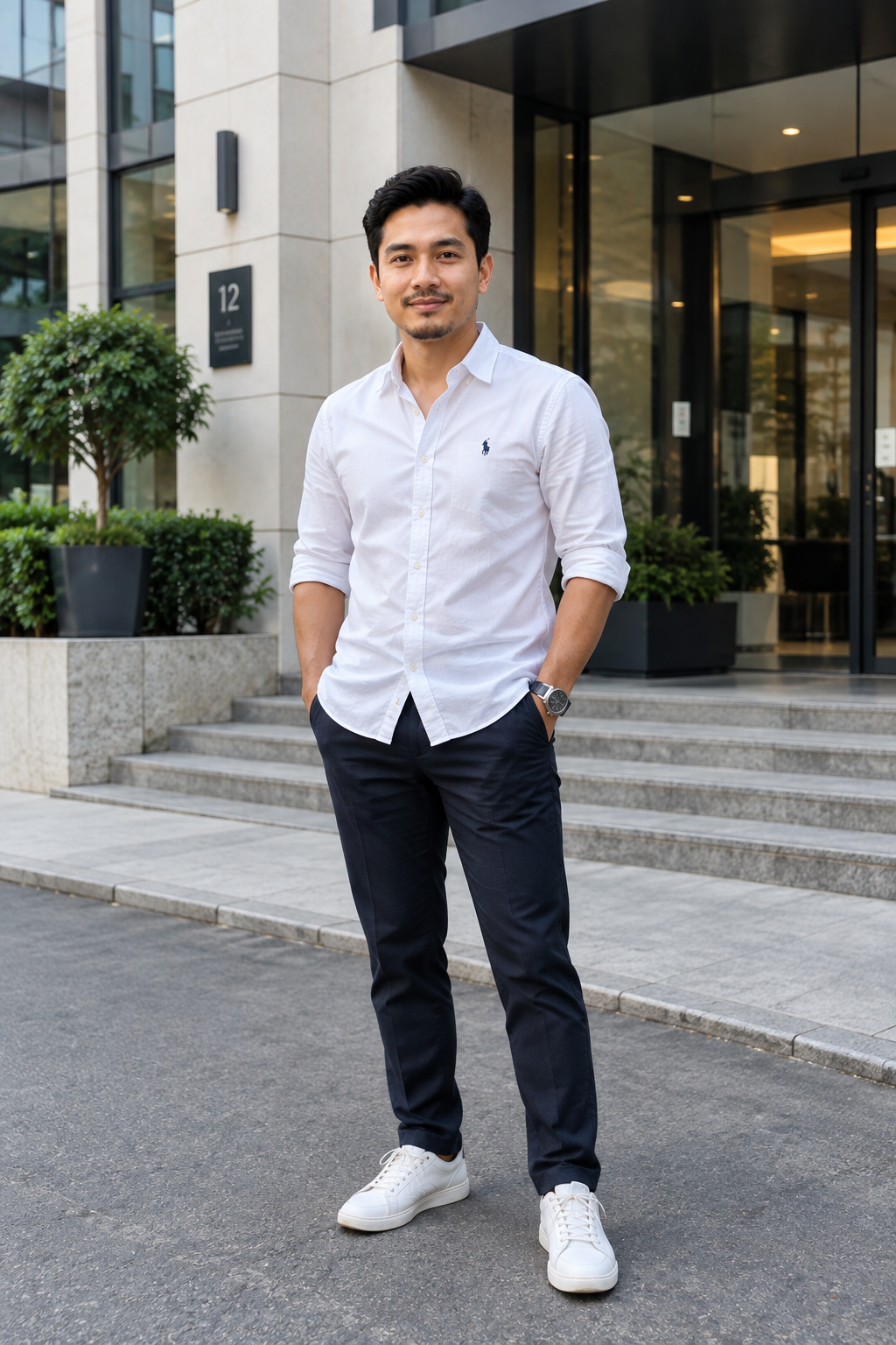 Portrait of Muhammad Aiman Bin Rahman outside a corporate office building