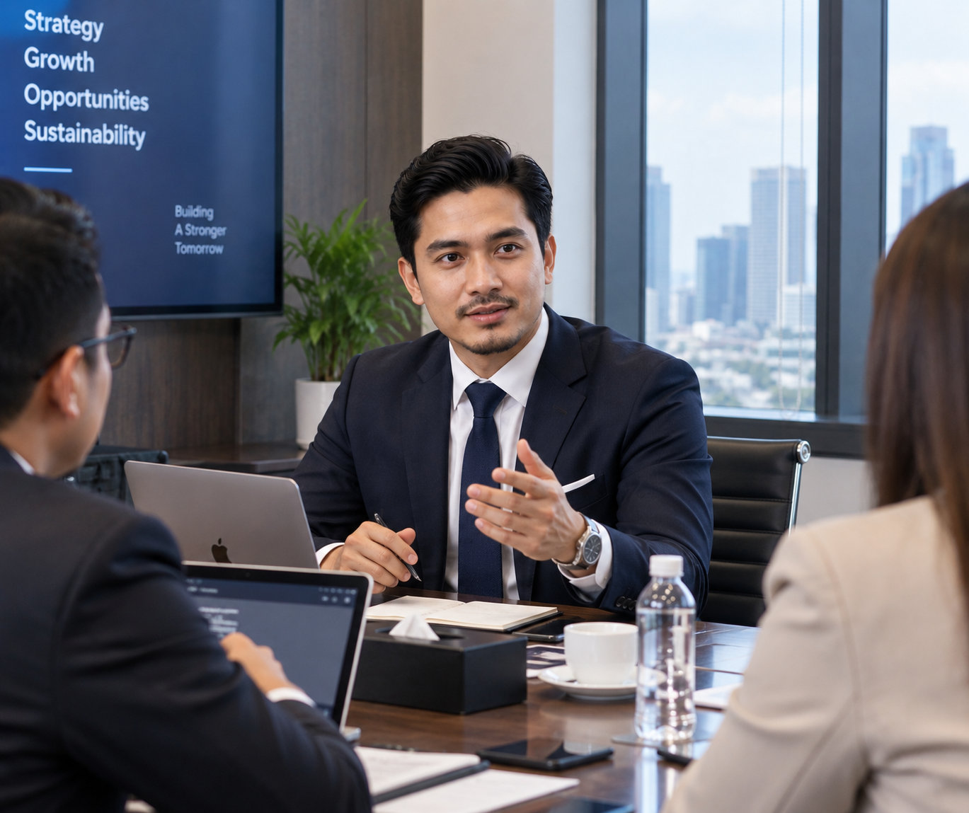 Muhammad Aiman Bin Rahman in a strategy discussion with colleagues in Kuala Lumpur
