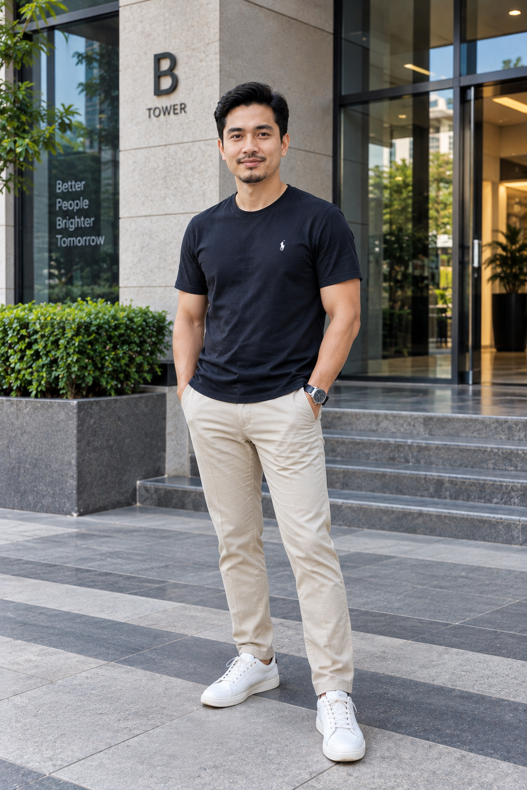 Muhammad Aiman Bin Rahman standing outside a corporate tower entrance
